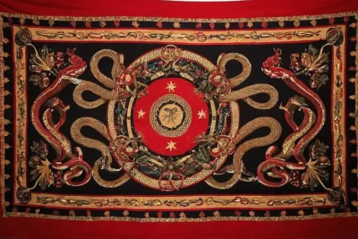 The tapestry showcases symbolic snakes weaving together strength and resilience